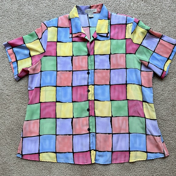 Tops - Notations Woman Color Block Shirt 1X – Retro Geometric Print Button‎ Up Blouse